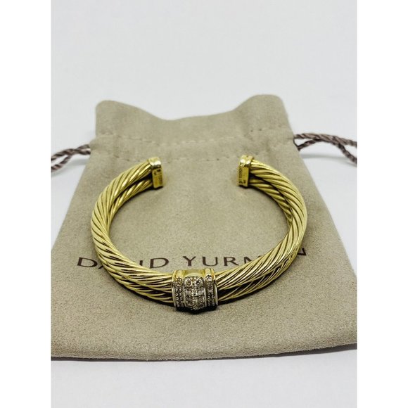 David Yurman Solid 14k Yellow Gold Double Cable Cuff Diamond Bracelet 6.5'' - Picture 3 of 10